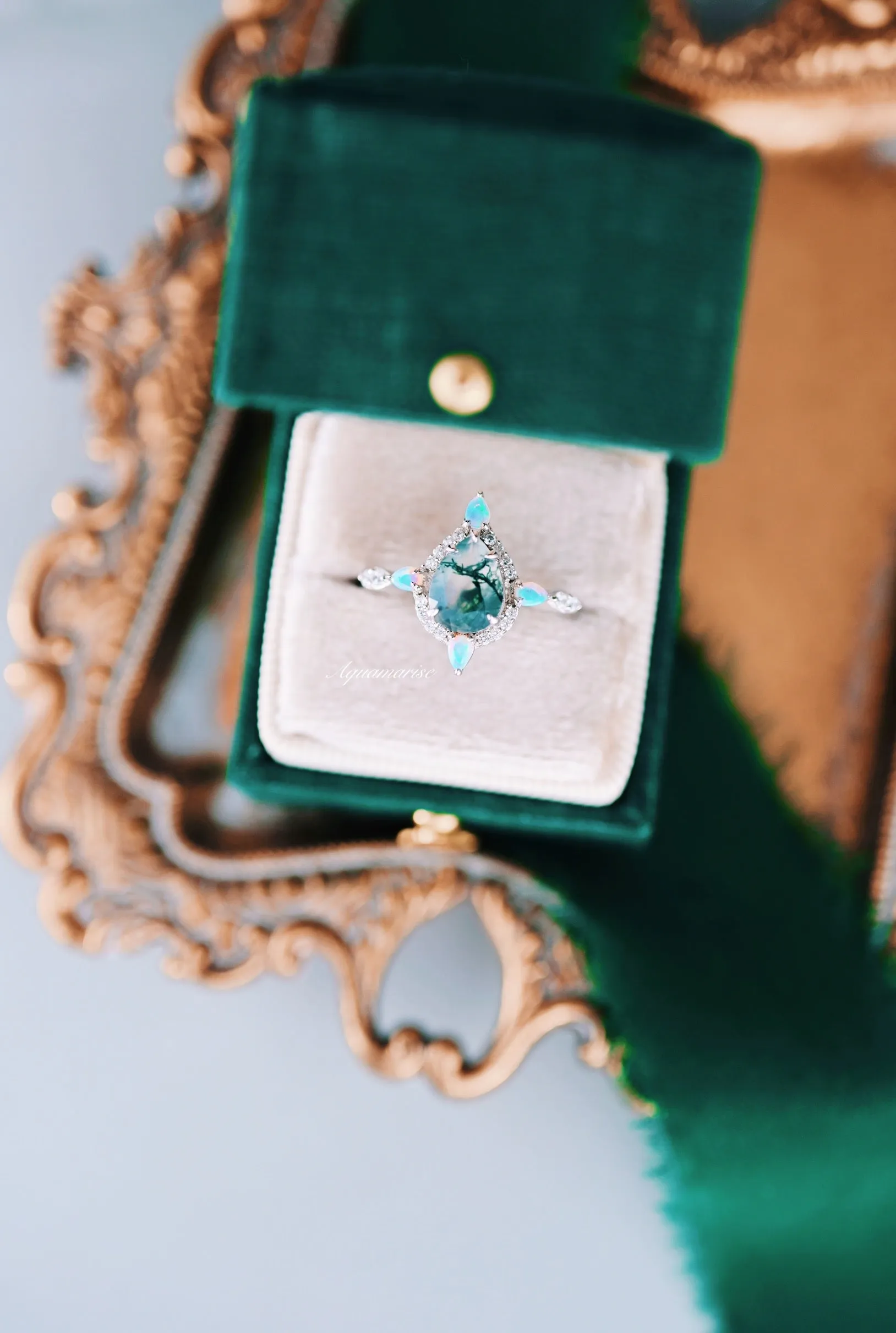Green Moss Agate & Fire Opal Couples Ring