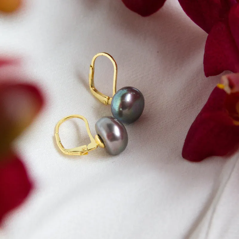 Grey Button Pearl Earrings Back Clasp