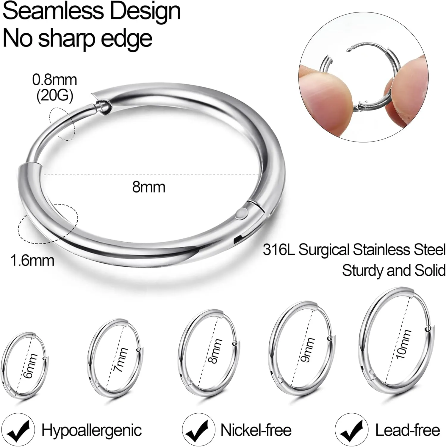 HAIAISO 5 Pairs Small Hoop Earrings Set for Women Men 316L Stainless Steel Huggie Earrings 1.6MM Tube Tiny Cartilage Helix Earrings Hoop Silver Gold Hoop Earrings for Multiple Piercing Jewelry 6/7/8/9/10MM