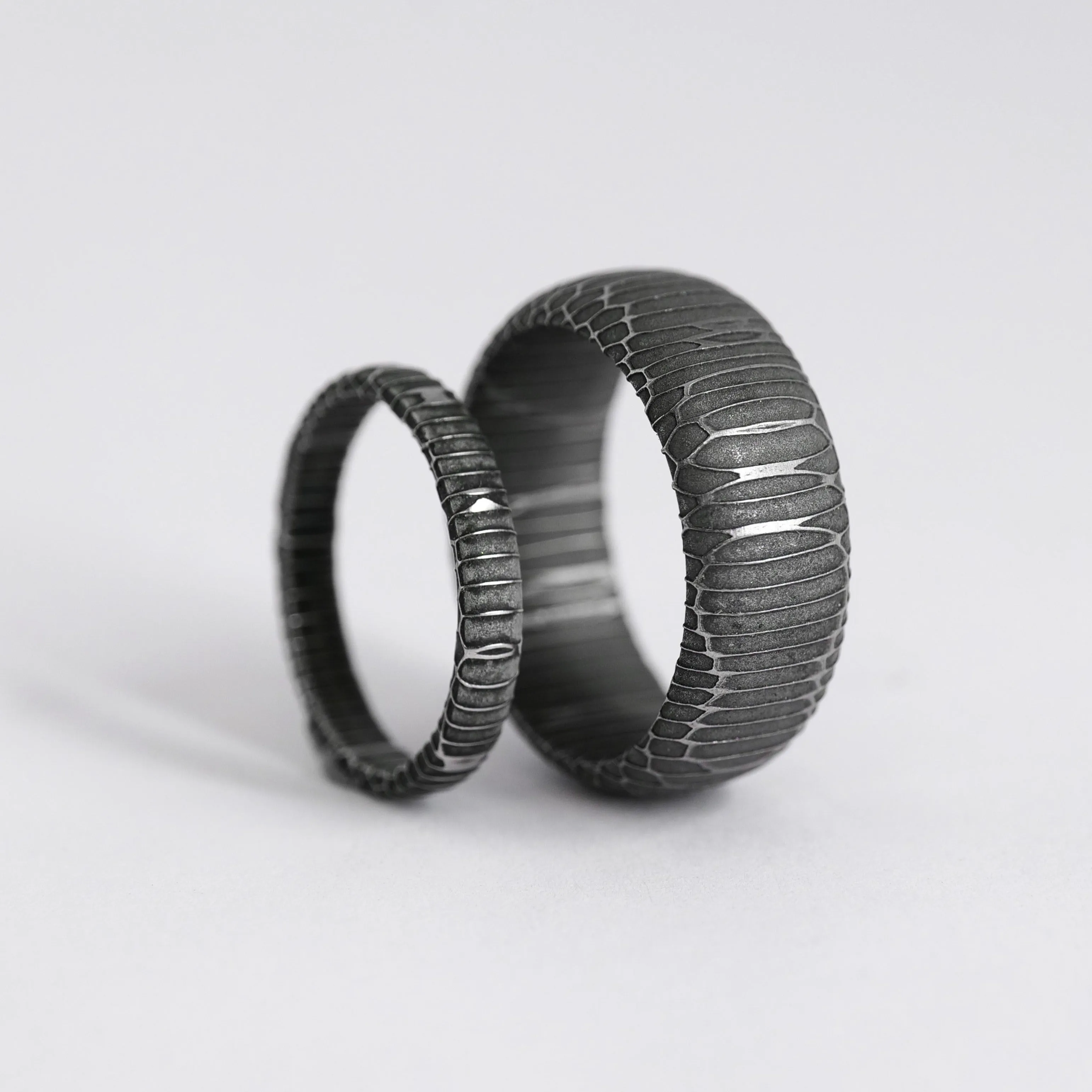 Matching His and Hers Spirograph Damascus Steel Wedding Rings