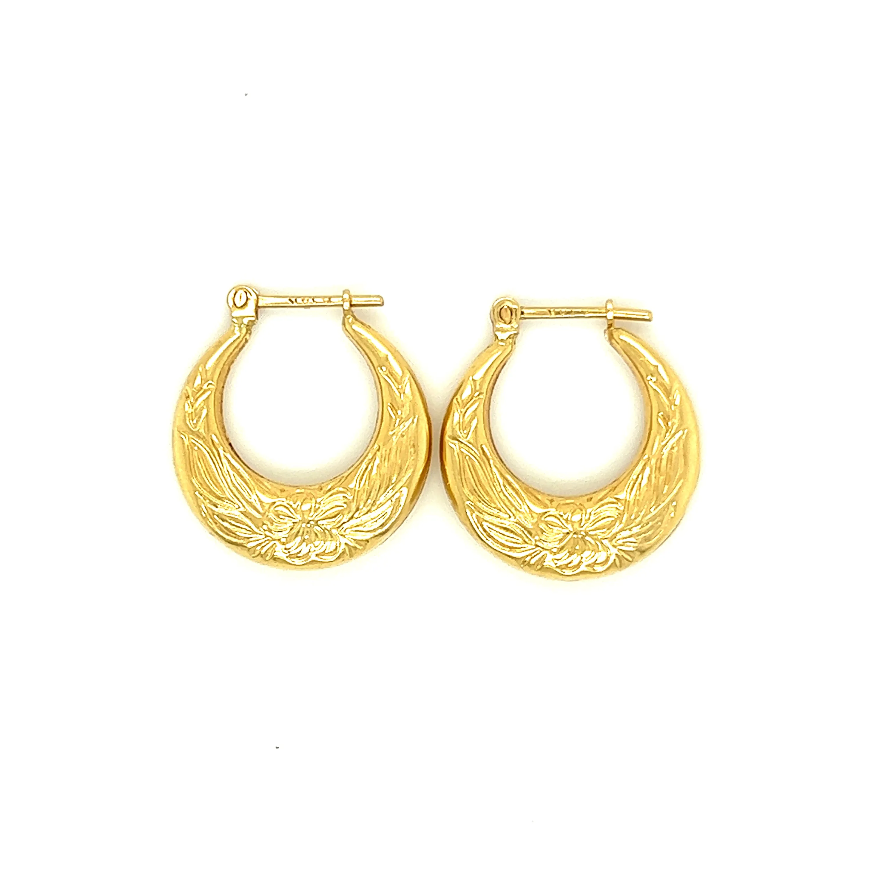Hoop 18mm Earrings with Flower Engraving in 14K Yellow Gold