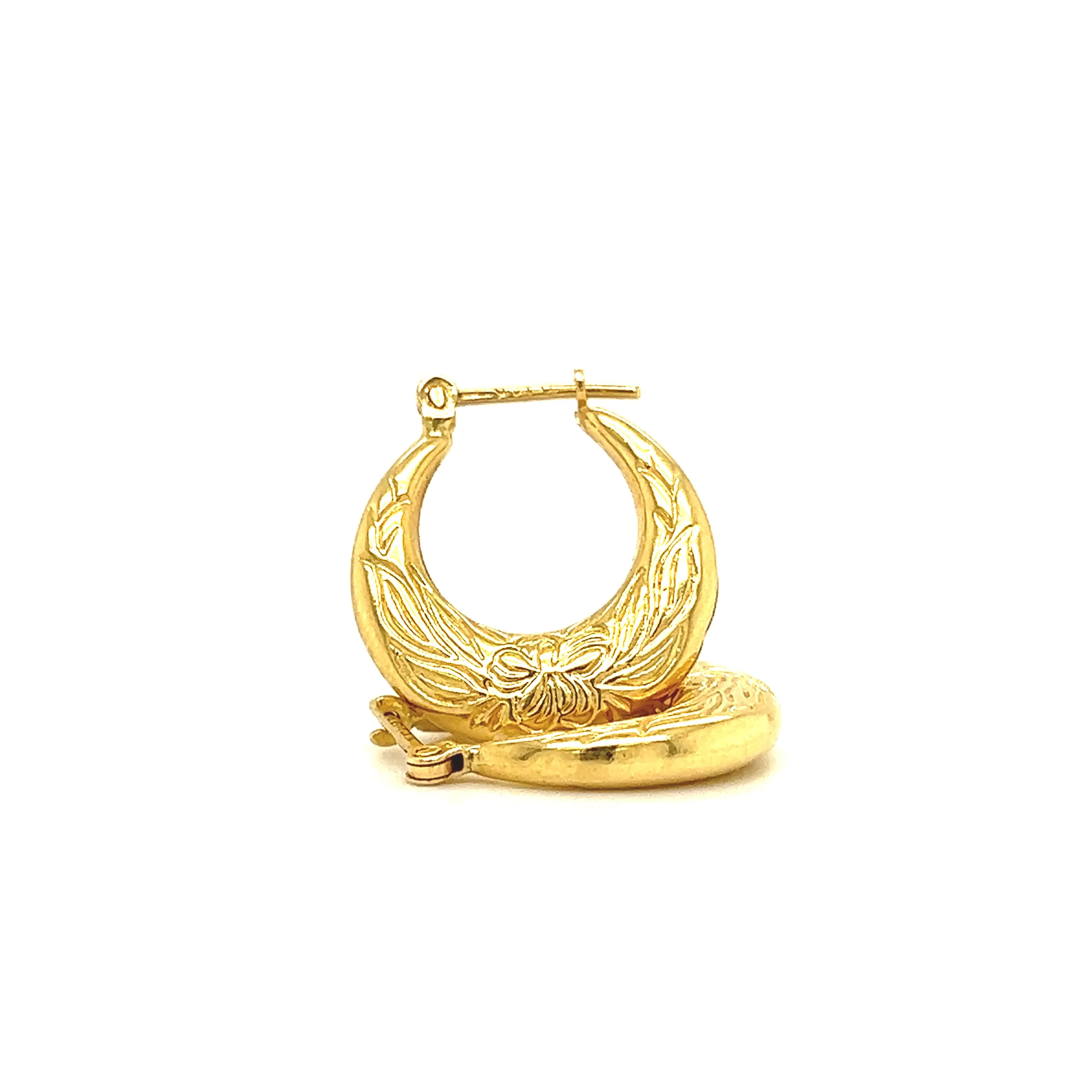 Hoop 18mm Earrings with Flower Engraving in 14K Yellow Gold