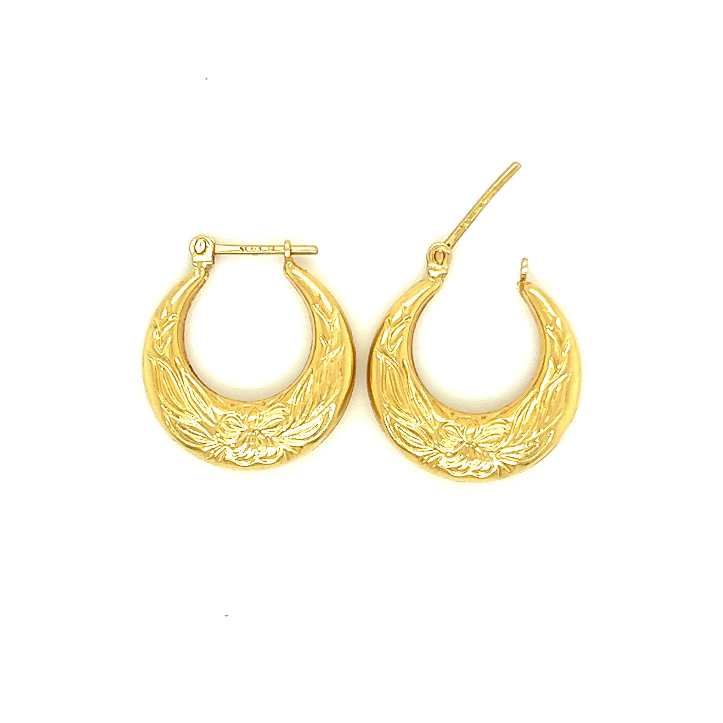 Hoop 18mm Earrings with Flower Engraving in 14K Yellow Gold