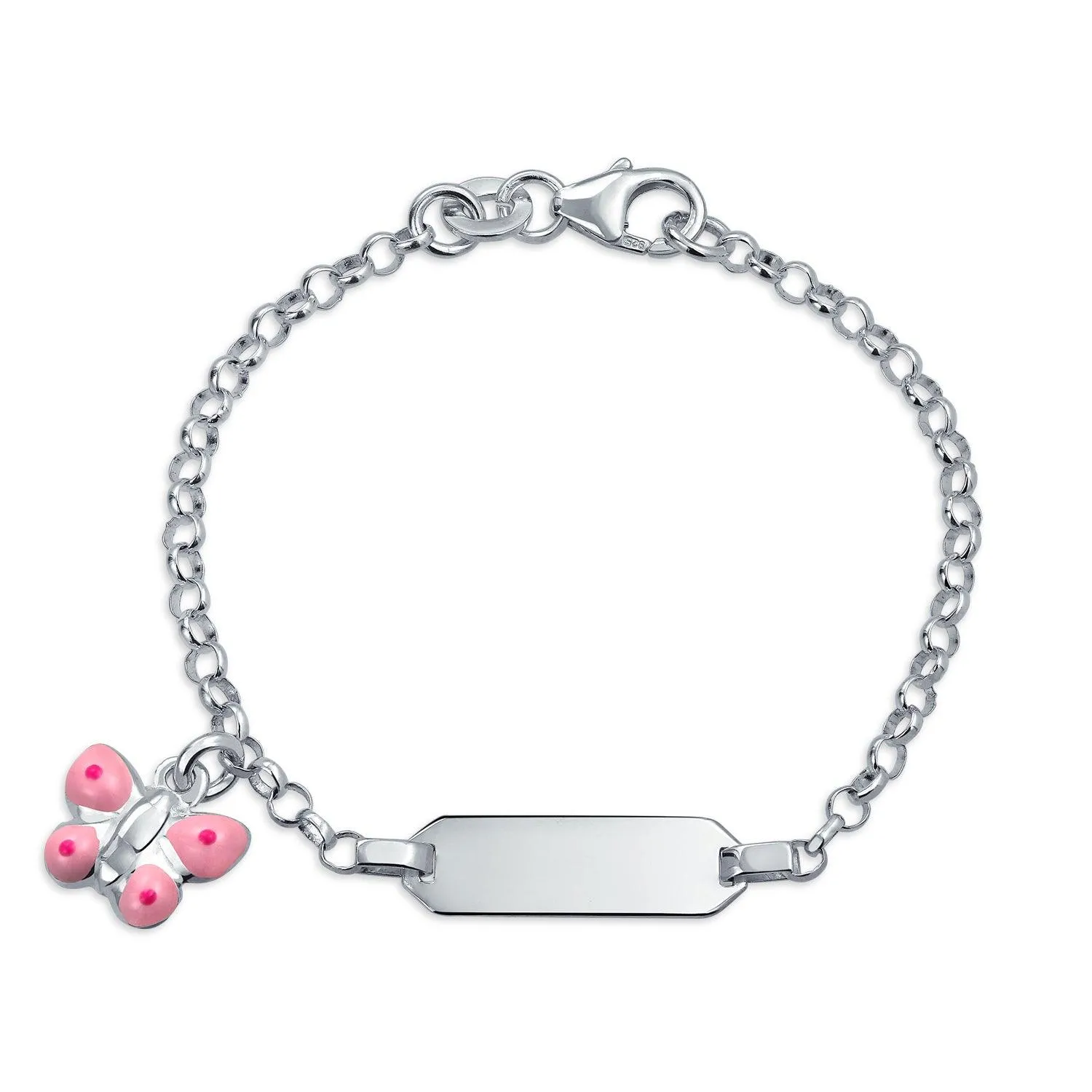 ID Tag Bracelet Butterfly Charm Dangle Sterling Silver Pink for Wrists