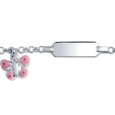 ID Tag Bracelet Butterfly Charm Dangle Sterling Silver Pink for Wrists