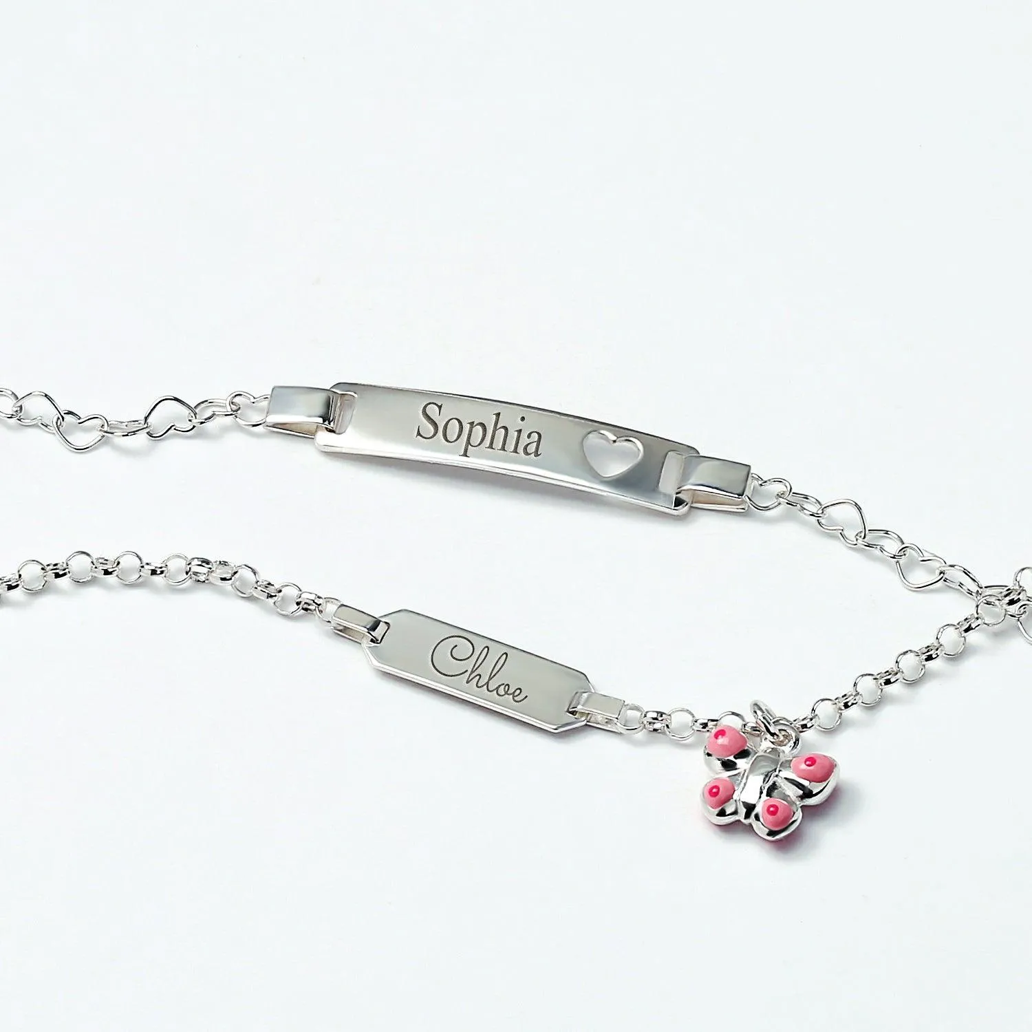 ID Tag Bracelet Butterfly Charm Dangle Sterling Silver Pink for Wrists