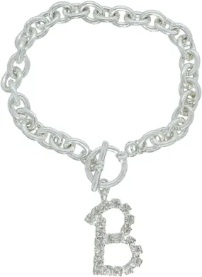 Initial B Letter Charm Bracelet Crystal Rhinestone Silver Tone Chain 7 3/4" Fashion Bracelets for Women Trendy Accessories for Women Stylish Additions