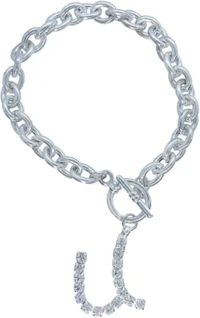 Initial U Letter Charm Bracelet Crystal Rhinestone Silver Tone 7 3/4" Fashion Bracelets for Women Trendy Accessories for Women Stylish Additions