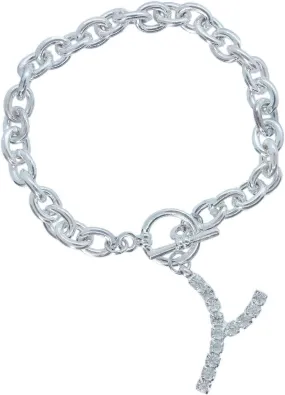Initial Y Letter Charm Bracelet Crystal Rhinestone Silver Tone 7 3/4" Fashion Bracelets for Women Trendy Accessories for Women Stylish Additions Chic Details