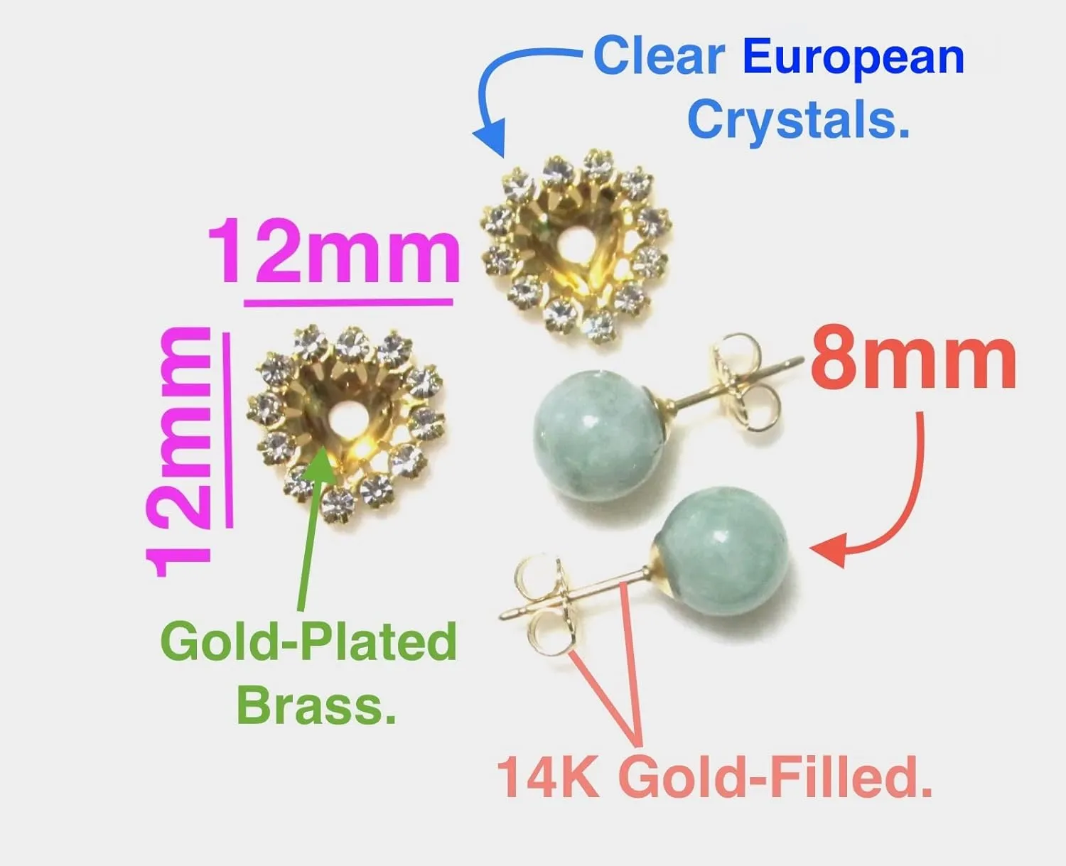 Interchangeable Jadeite Jade Genuine Natural Light Medium Green Gemstone Rhinestone Crystal Heart Stud Earrings, March Birthday Birthstone, Handmade 35th Anniversary Gift - 14K Gold Filled Posts