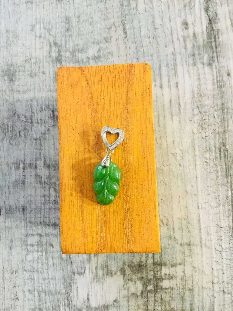 Jade Leaf and Sterling Silver Heart Pendant