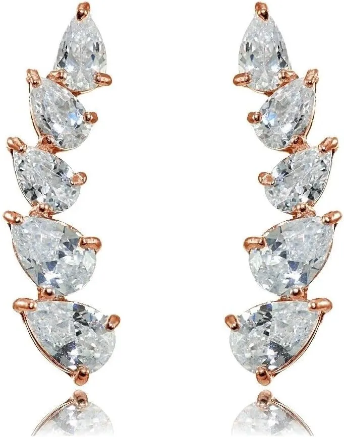 Jewelry Necklaces, Bracelets, Chains and more - Rose Gold Flashed Sterling Silver Teardrop CZ Curved Climber Crawler Earrings - XFBX7549