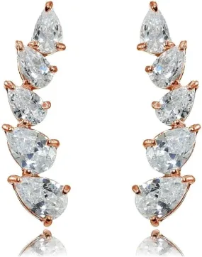 Jewelry Necklaces, Bracelets, Chains and more - Rose Gold Flashed Sterling Silver Teardrop CZ Curved Climber Crawler Earrings - XFBX7549