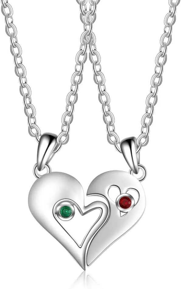 Jewelstruck Personalized Couple Necklace Set with Name Heart Matching Set Pendants, Key Heart Puzzle Necklace Set with Birthstones, Custom Made with Any Name, Stainless Steel, BFF Necklace for 2