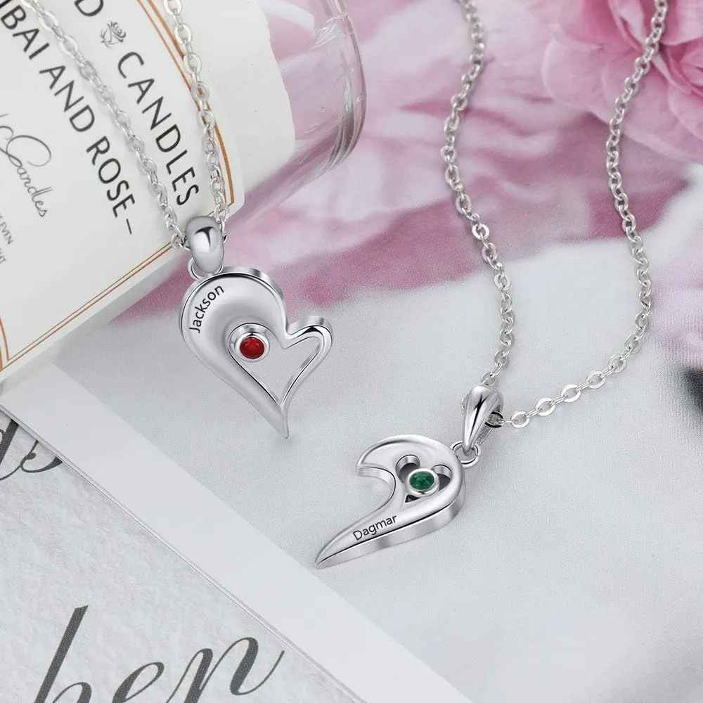 Jewelstruck Personalized Couple Necklace Set with Name Heart Matching Set Pendants, Key Heart Puzzle Necklace Set with Birthstones, Custom Made with Any Name, Stainless Steel, BFF Necklace for 2