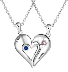 Jewelstruck Personalized Couple Necklace Set with Name Heart Matching Set Pendants, Key Heart Puzzle Necklace Set with Birthstones, Custom Made with Any Name, Stainless Steel, BFF Necklace for 2