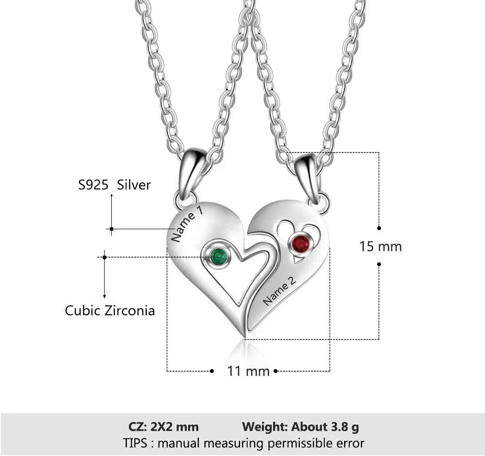 Jewelstruck Personalized Couple Necklace Set with Name Heart Matching Set Pendants, Key Heart Puzzle Necklace Set with Birthstones, Custom Made with Any Name, Stainless Steel, BFF Necklace for 2