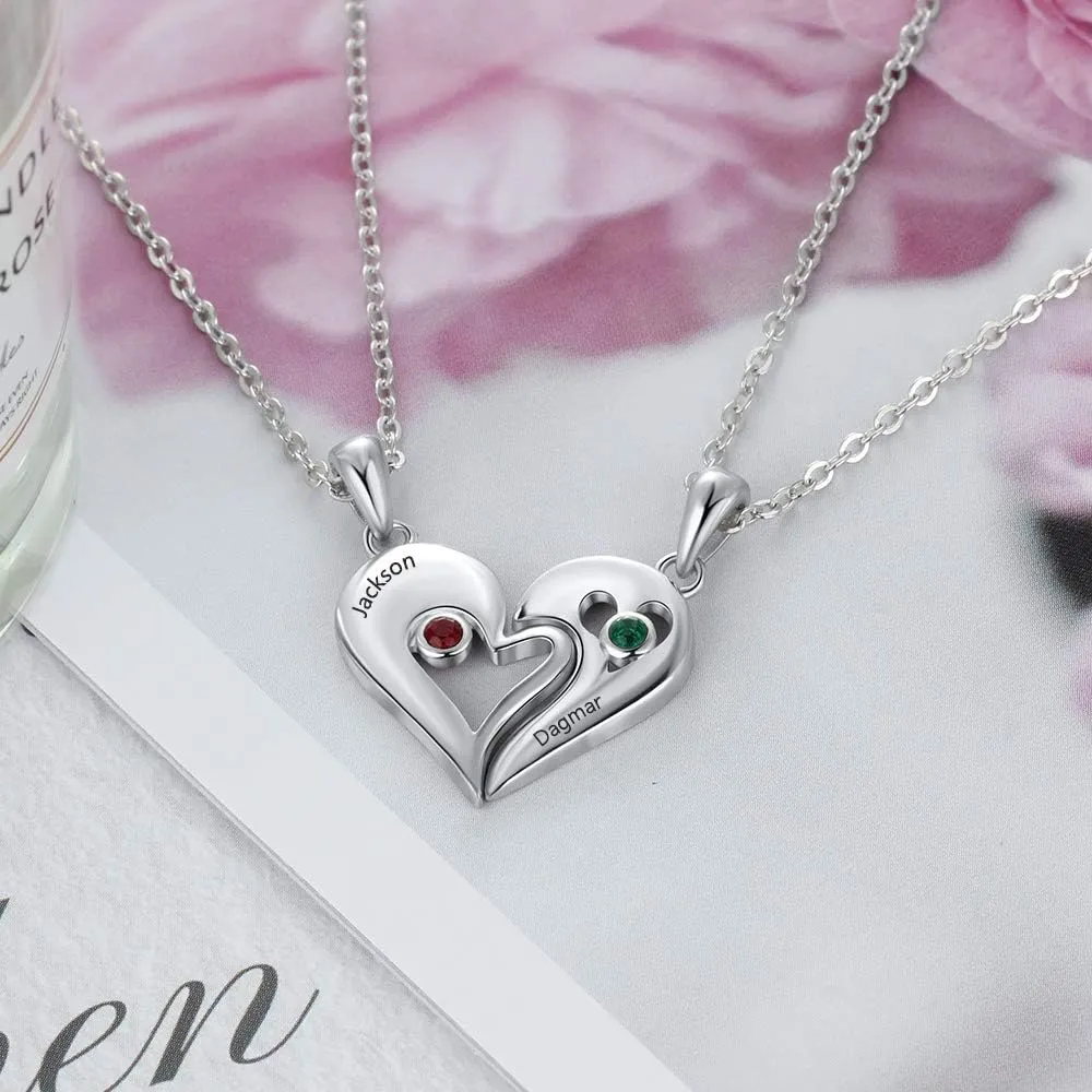 Jewelstruck Personalized Couple Necklace Set with Name Heart Matching Set Pendants, Key Heart Puzzle Necklace Set with Birthstones, Custom Made with Any Name, Stainless Steel, BFF Necklace for 2