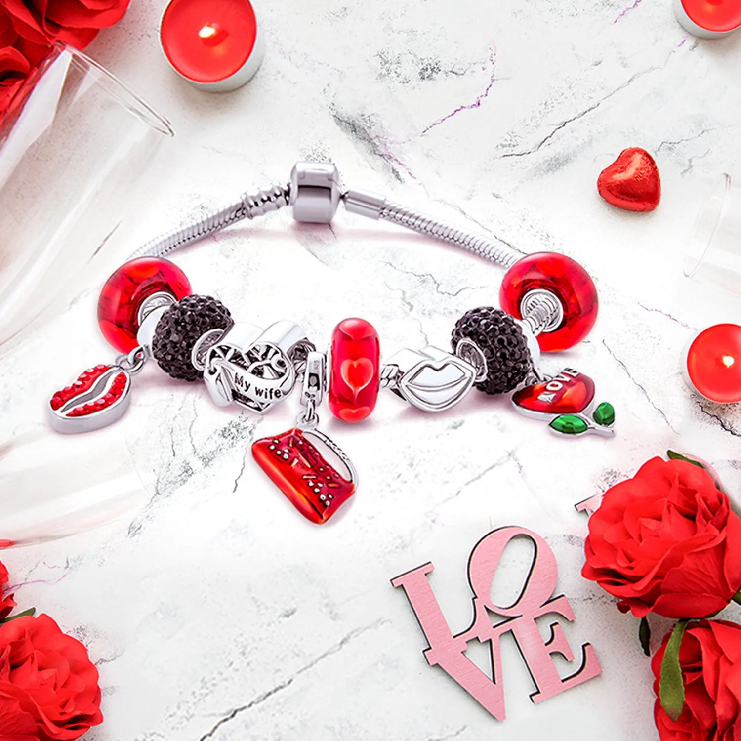 Kiss Red Lip Valentines Heart Wife Mom Bead Charm Bracelet .925 Silver