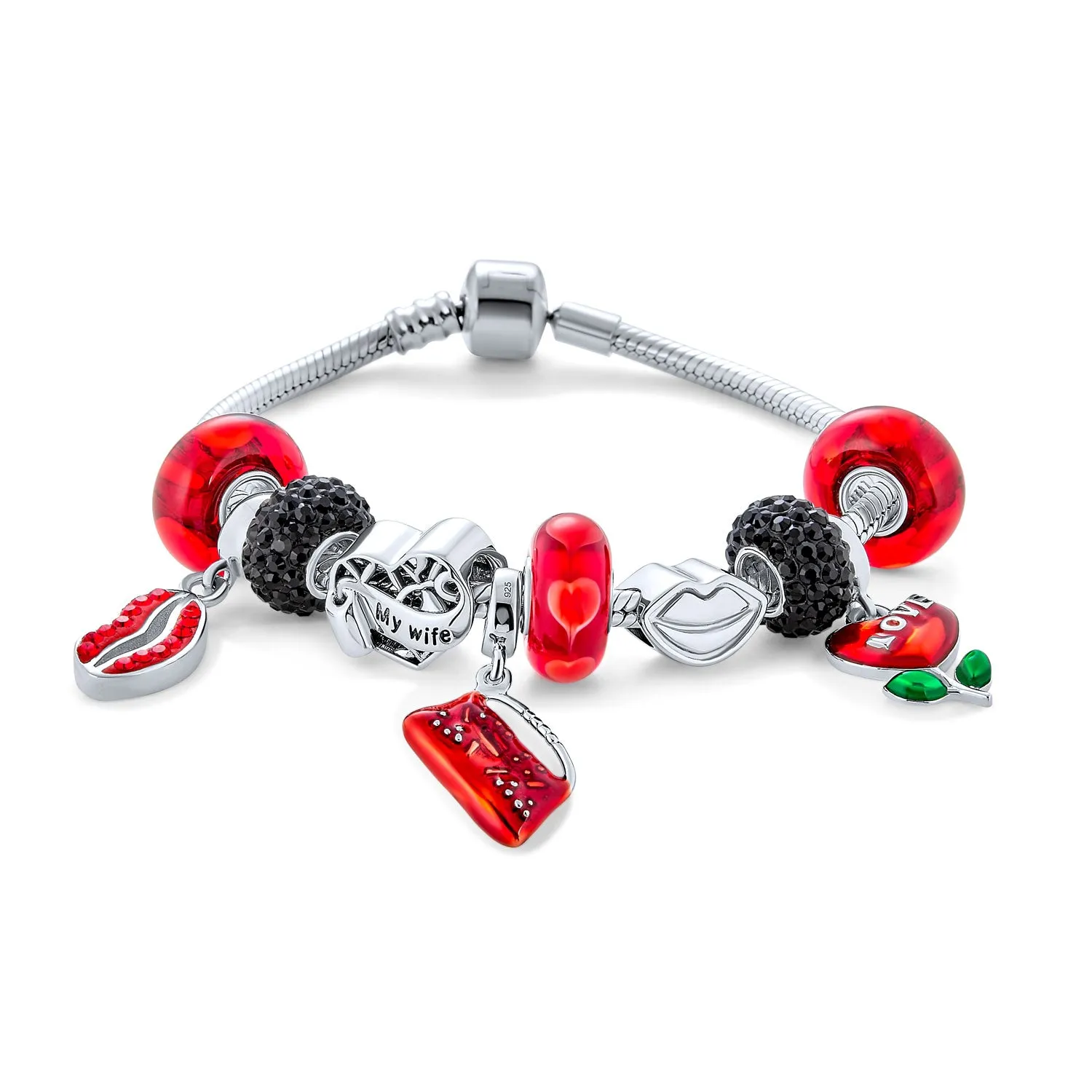 Kiss Red Lip Valentines Heart Wife Mom Bead Charm Bracelet .925 Silver