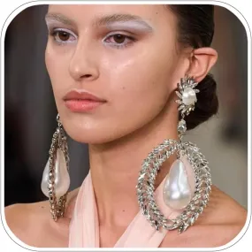 Large Pearl Dangle Earrings For Women Silver Dangling Rhinestone Oversized Statement Earrings Trendy Jewelry