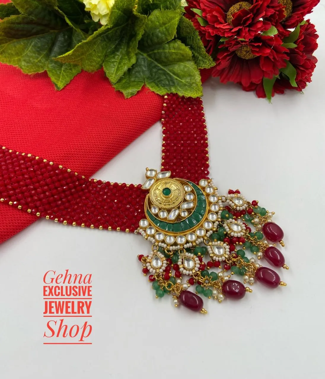 Majestic Red Crystal Chatai Choker For Ladies By Gehna Shop