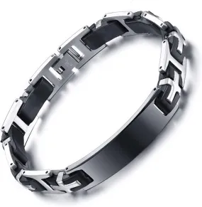 Mens Bracelets Black Silver, Identification Bracelets Silicone Bracelet Stainless Steel Bracelets for Men 22.3cm