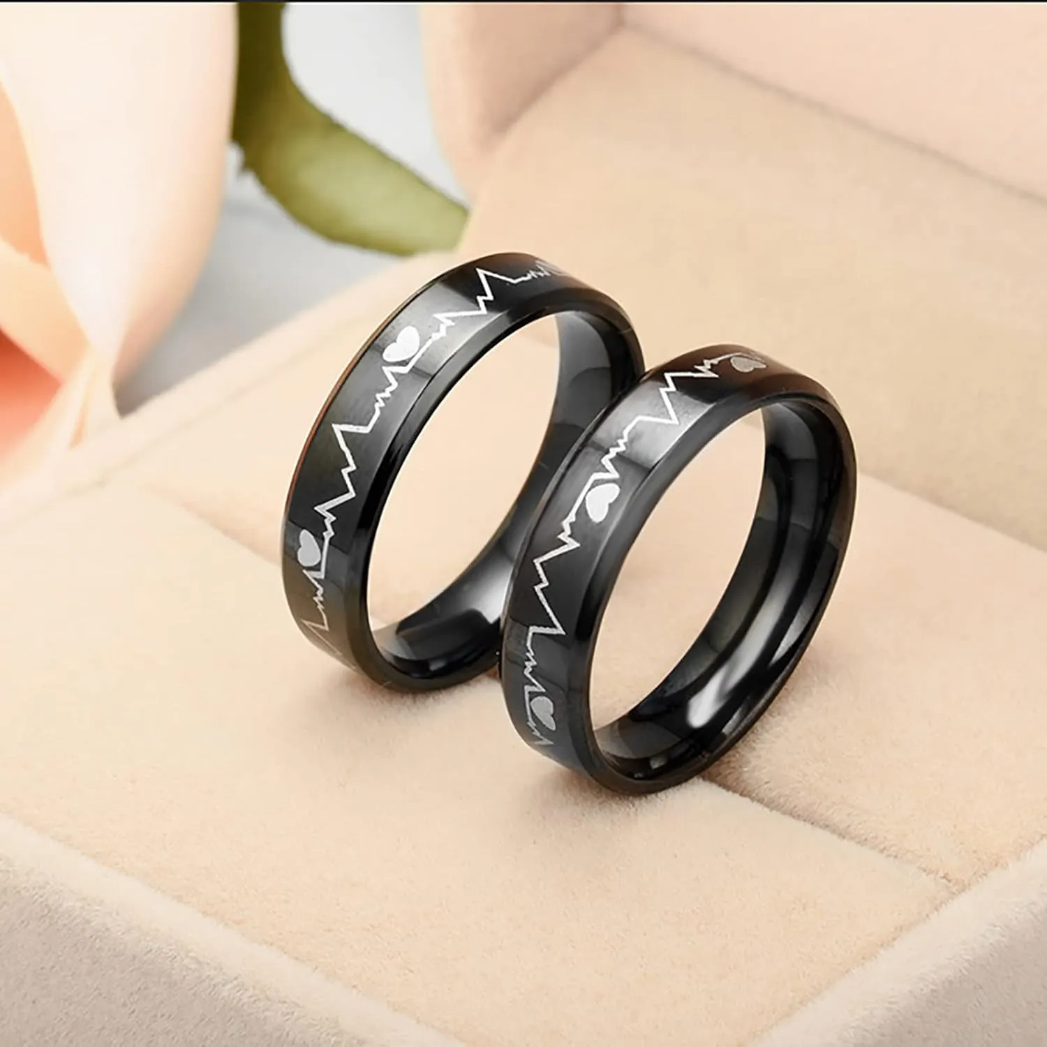 Mens Womens Titanium Steel Rings Cool Black EKG Rings Heartbeat Rings Lover Promise Engagement Rings Size 5-12