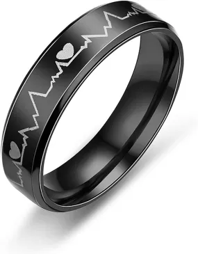 Mens Womens Titanium Steel Rings Cool Black EKG Rings Heartbeat Rings Lover Promise Engagement Rings Size 5-12