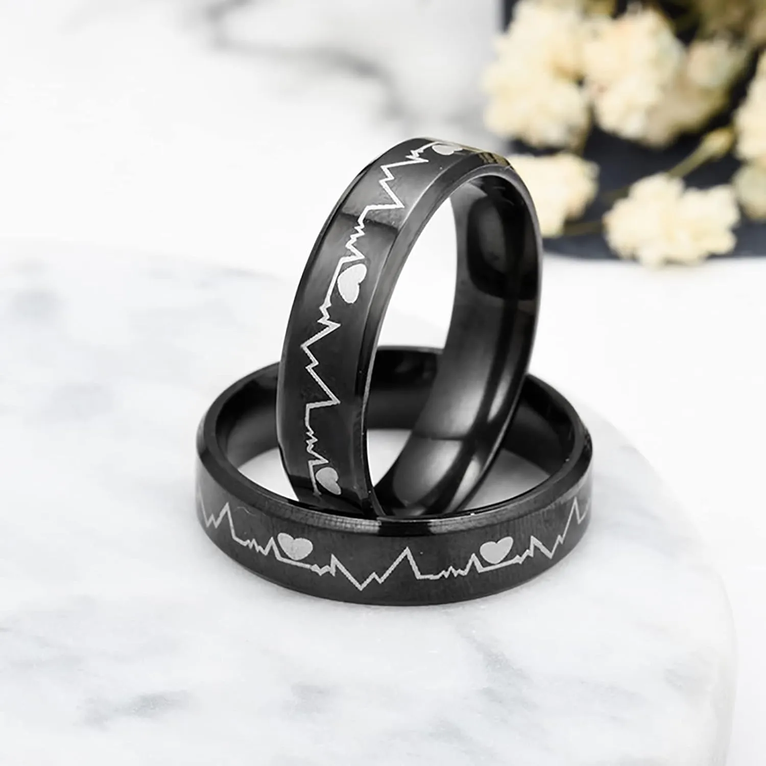 Mens Womens Titanium Steel Rings Cool Black EKG Rings Heartbeat Rings Lover Promise Engagement Rings Size 5-12