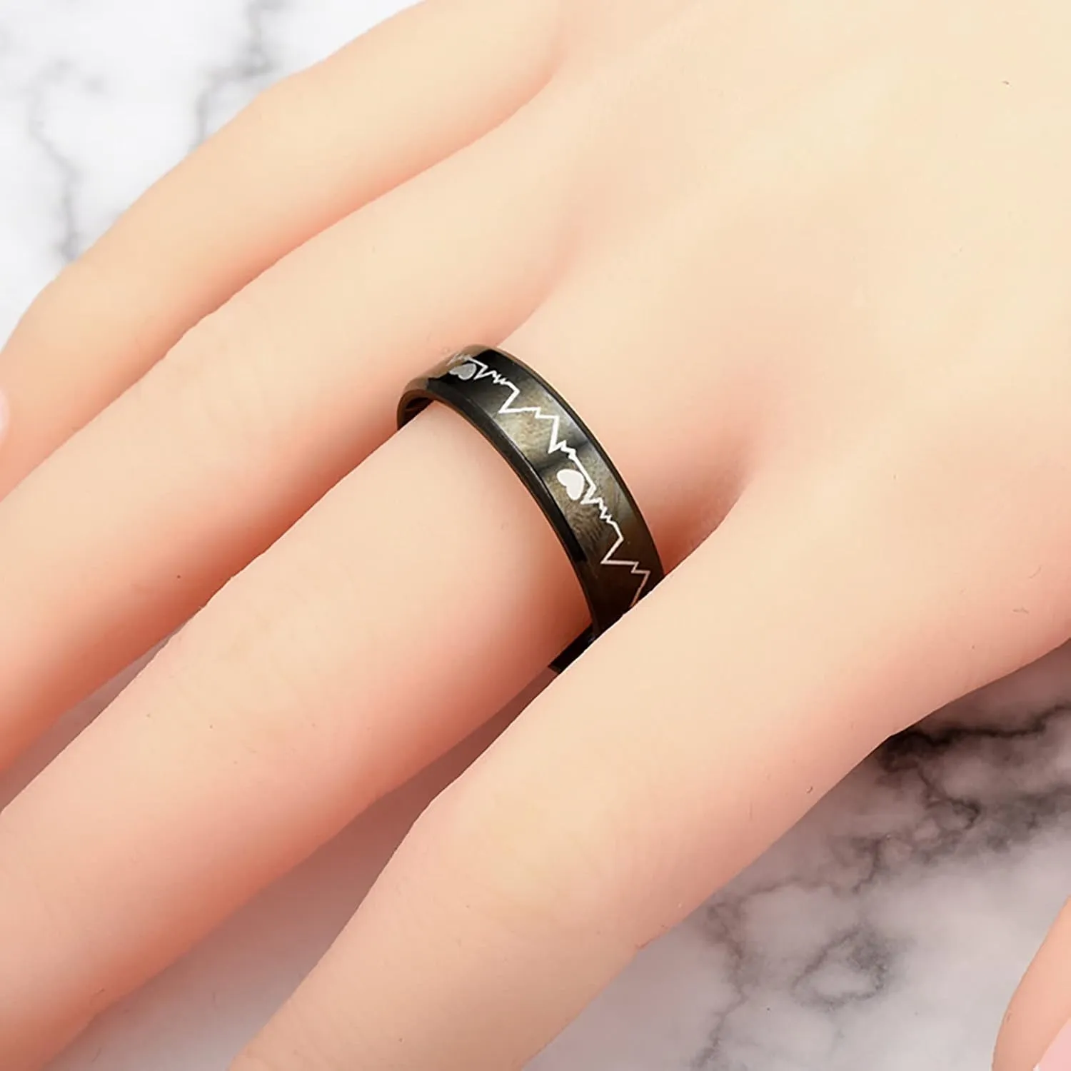 Mens Womens Titanium Steel Rings Cool Black EKG Rings Heartbeat Rings Lover Promise Engagement Rings Size 5-12