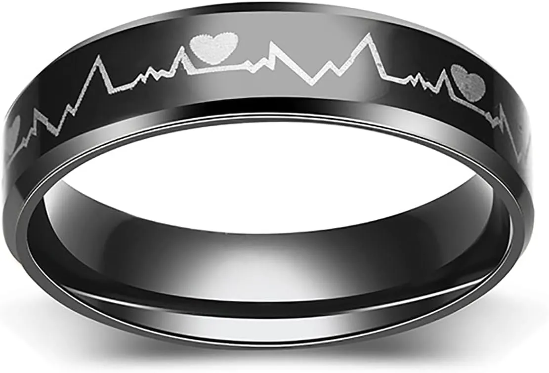 Mens Womens Titanium Steel Rings Cool Black EKG Rings Heartbeat Rings Lover Promise Engagement Rings Size 5-12