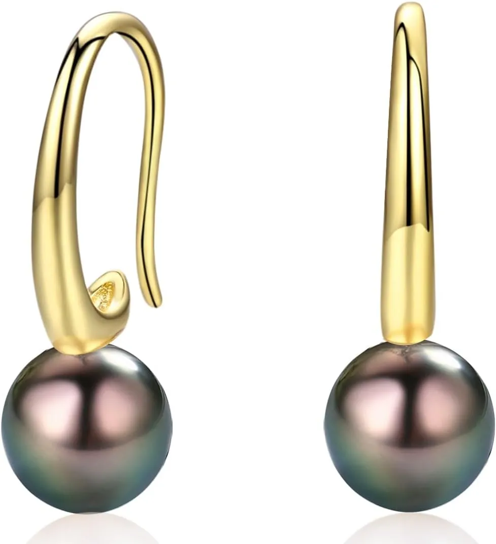 Minimalist Modern Sleek Tahitian Black Pearl Earrings 8-9mm Yellow Gold Plated Sterling Silver - Jewelry Gifts for Women (Classic)