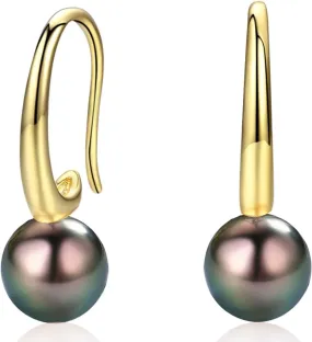 Minimalist Modern Sleek Tahitian Black Pearl Earrings 8-9mm Yellow Gold Plated Sterling Silver - Jewelry Gifts for Women (Classic)
