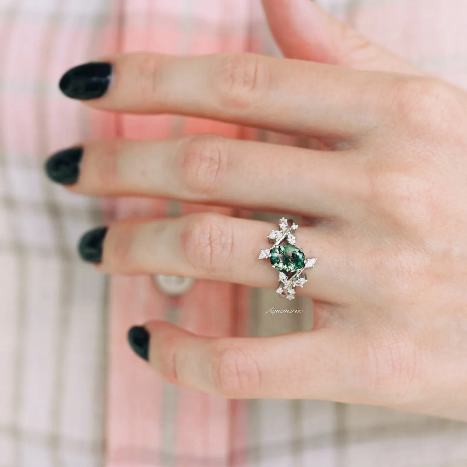 Moss Agate Leaf Couples Ring