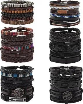 MOZAKA 36Pcs Braided Leather Bracelets for Men Women Handmade Wrap Woven Cuff Bracelets Wooden Beaded Bracelets Vintage Ethnic Tribal Wristbands Bracelet Set Adjustable