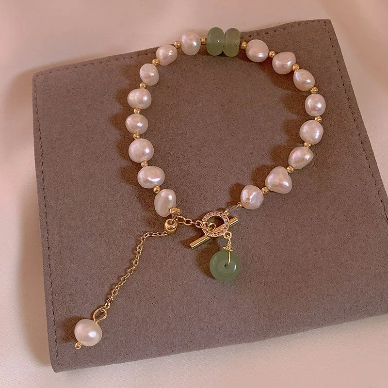 Natural Pearls and Jade Gemstone Bracelet, Crystal Beads Bracelet