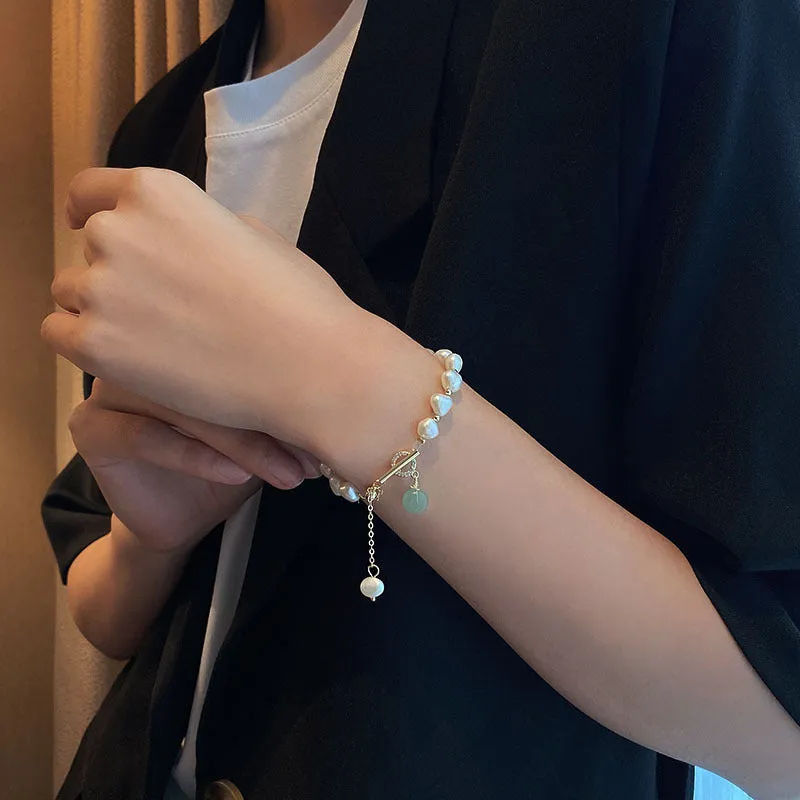 Natural Pearls and Jade Gemstone Bracelet, Crystal Beads Bracelet