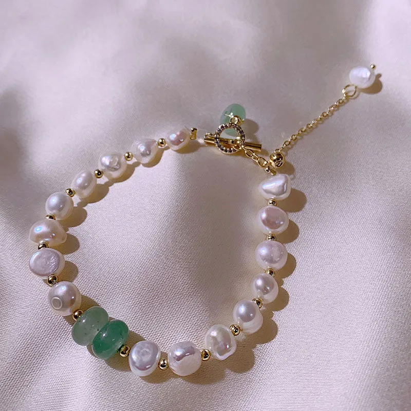 Natural Pearls and Jade Gemstone Bracelet, Crystal Beads Bracelet