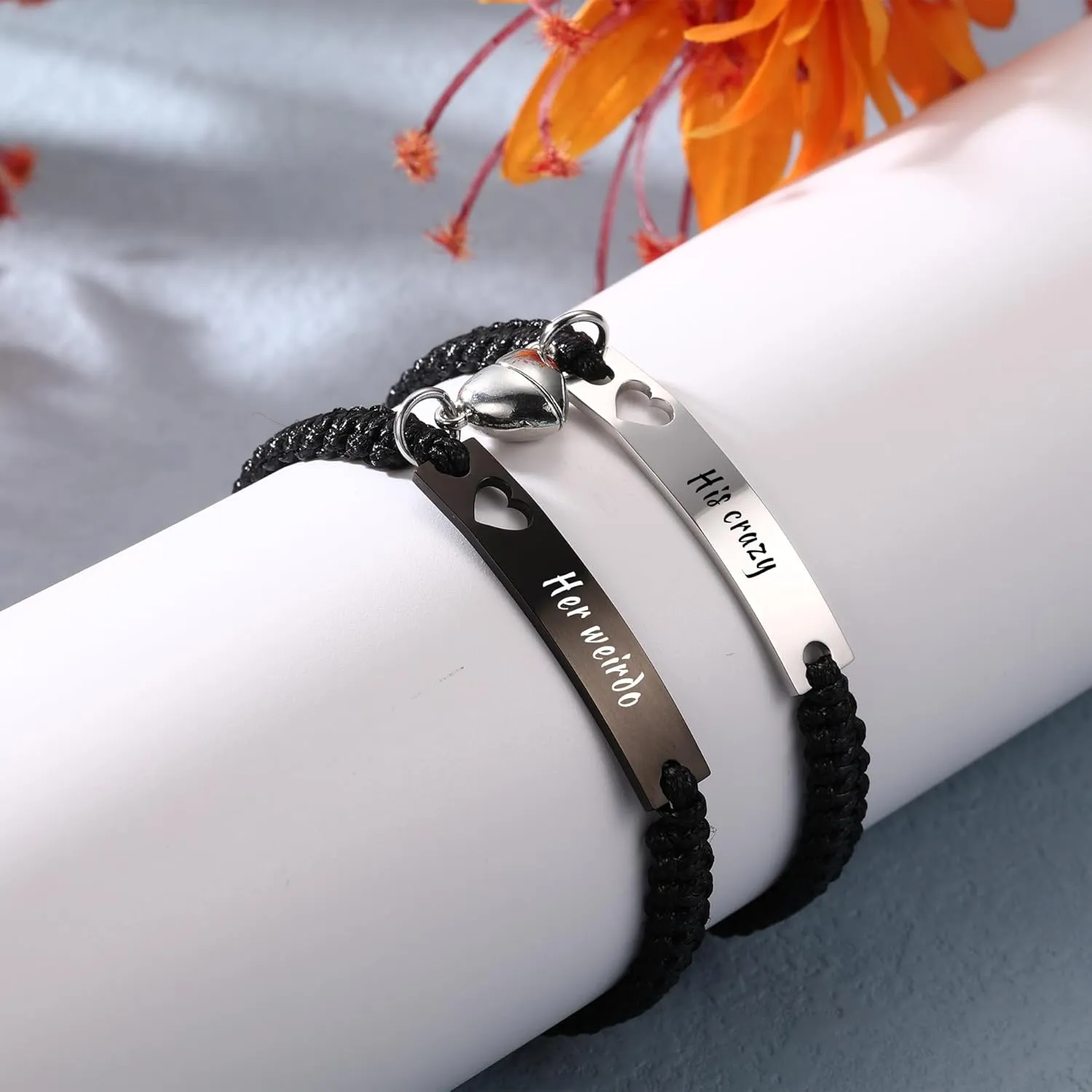 Personalized Matching Bracelets for Couples Adjustable Matching Couples Bracelets Set with Connectable Heart Custom Engraving Relationship Name Bracelet Jewelry Gifts for Men Women Couples