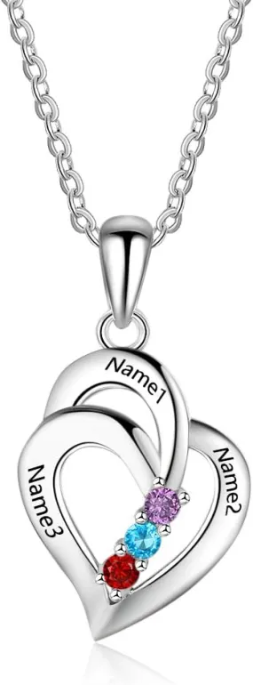Personalized Sterling Silver 3 Heart Simulated Birthstone Mothers Pendant Necklace with Names Engraved Pendant Family Necklace for Women (3 Stones)
