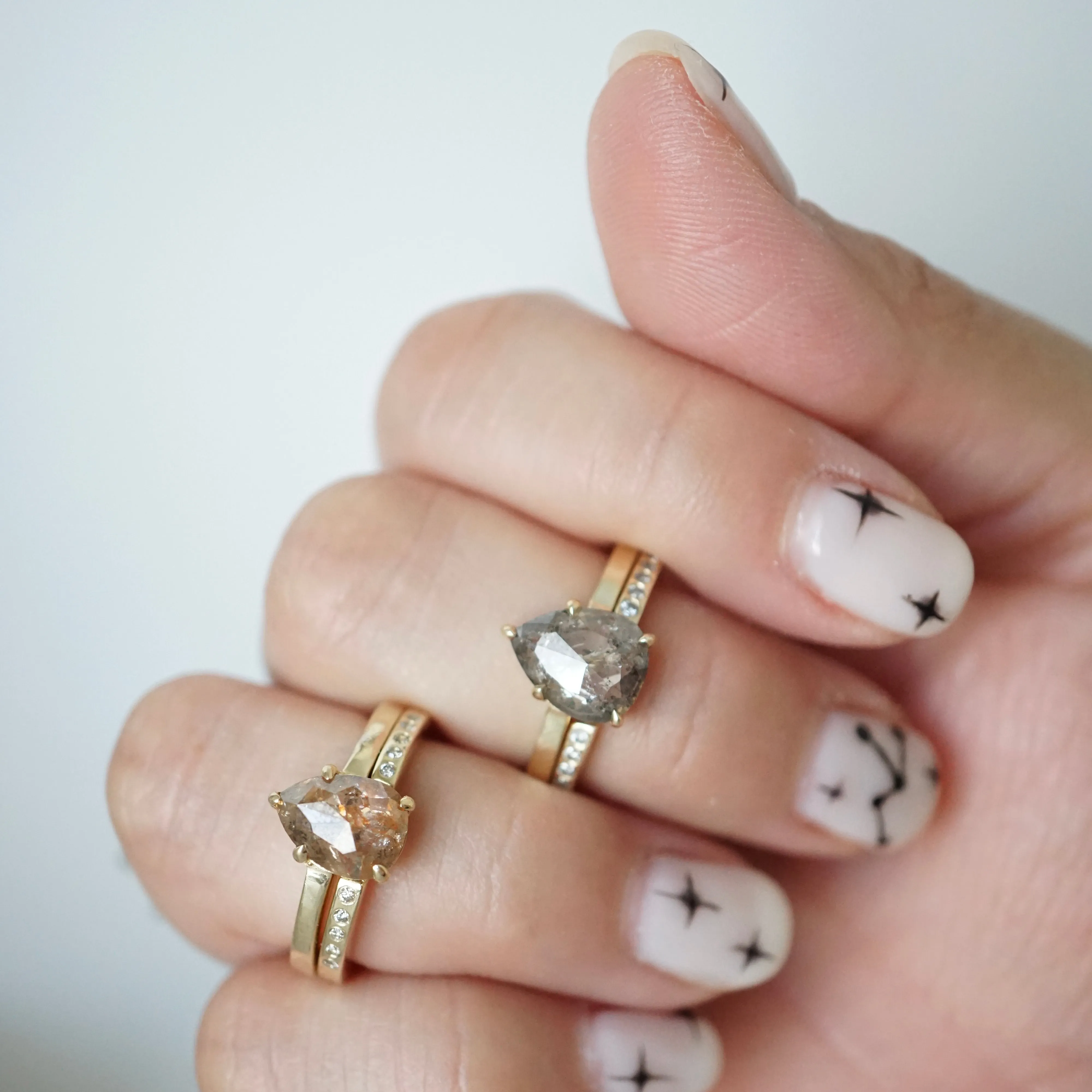 Red Brown Salt and Pepper Diamond Bridal Set, Rustic Pear Rose Cut Diamond Ring