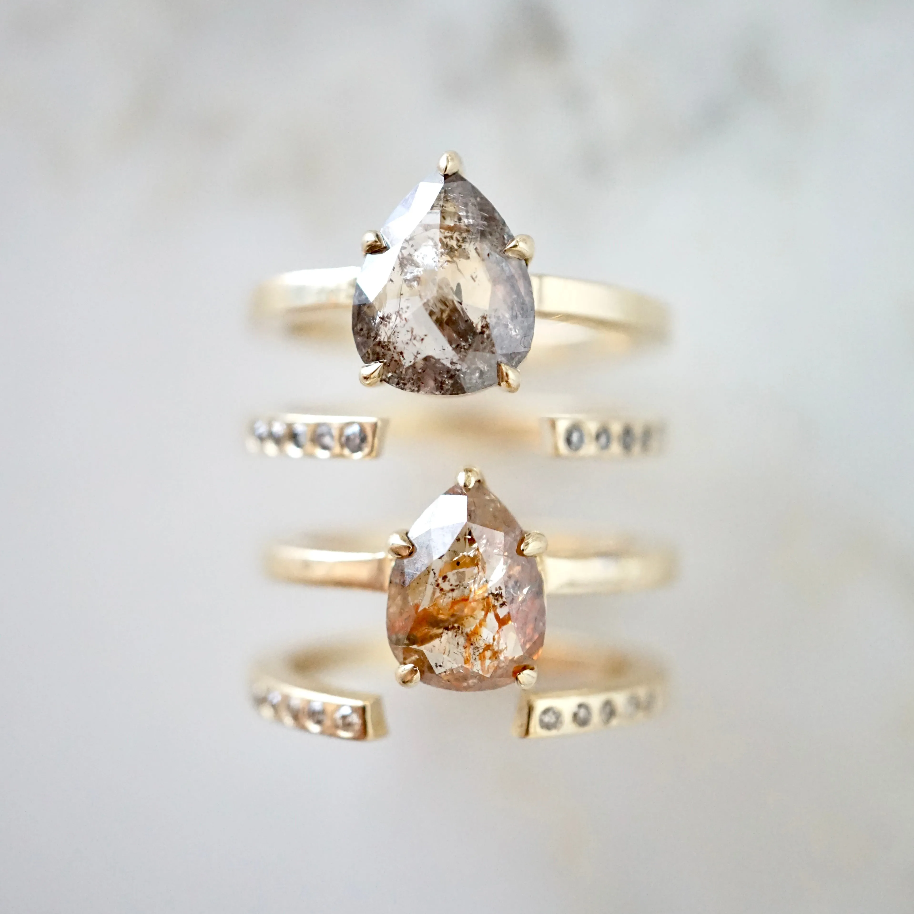 Red Brown Salt and Pepper Diamond Bridal Set, Rustic Pear Rose Cut Diamond Ring