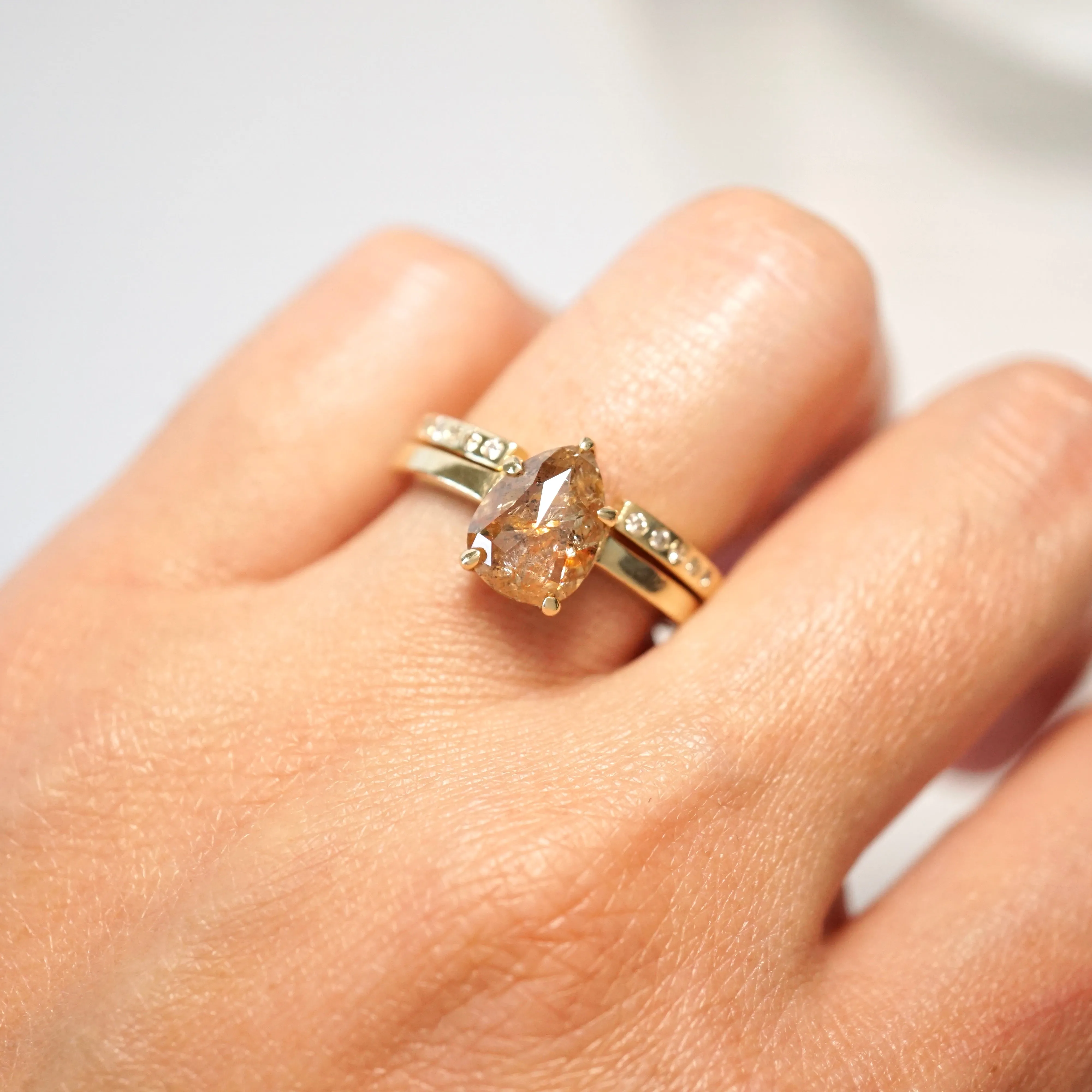 Red Brown Salt and Pepper Diamond Bridal Set, Rustic Pear Rose Cut Diamond Ring
