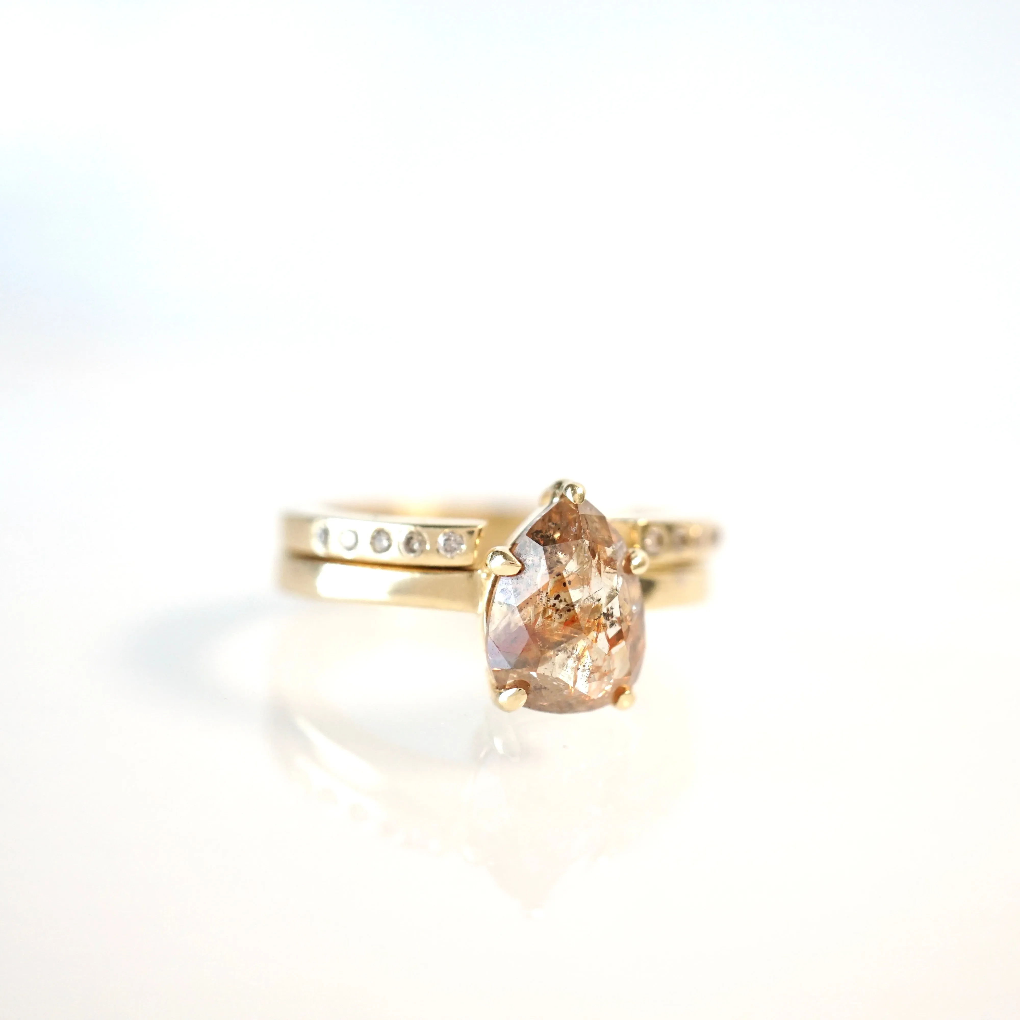 Red Brown Salt and Pepper Diamond Bridal Set, Rustic Pear Rose Cut Diamond Ring