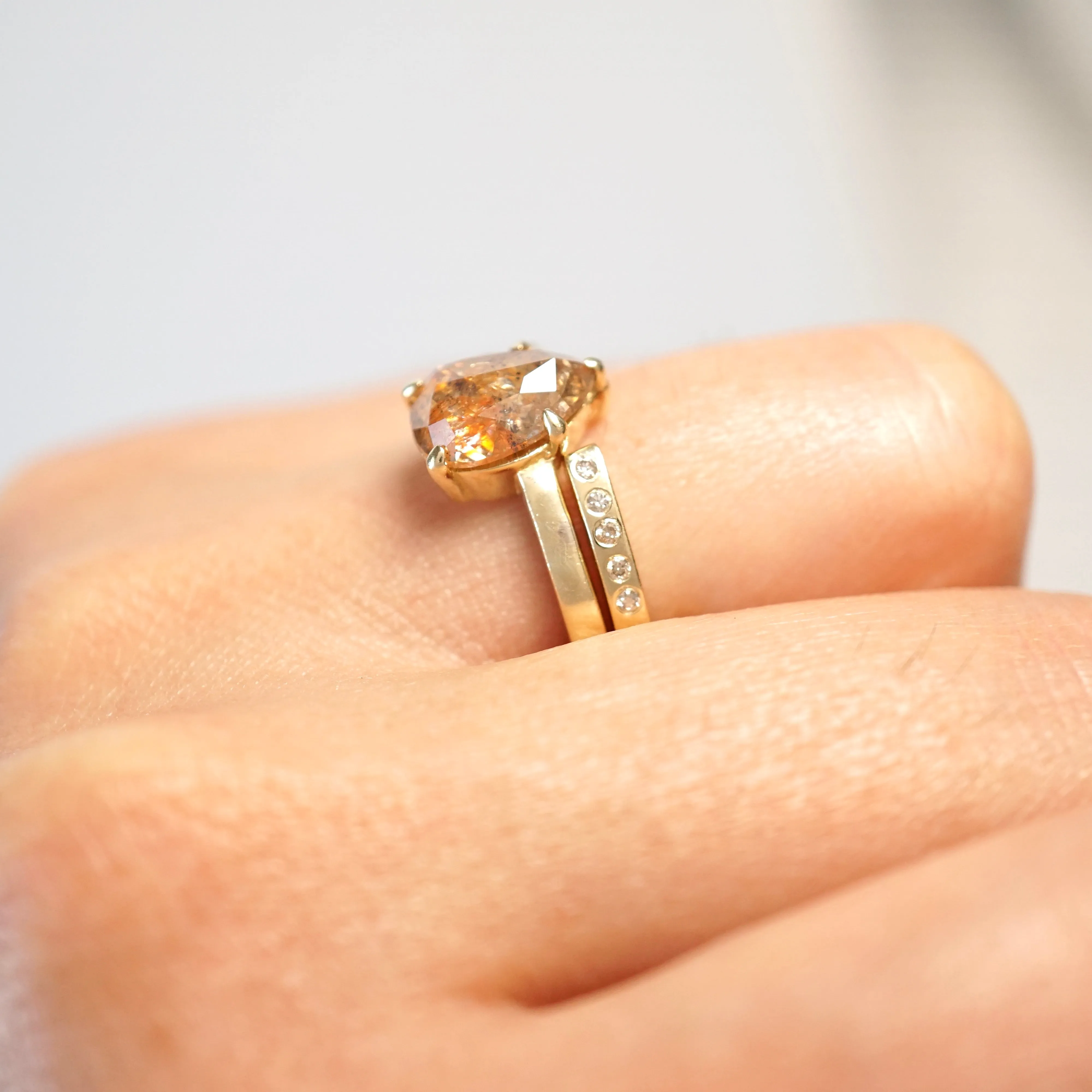 Red Brown Salt and Pepper Diamond Bridal Set, Rustic Pear Rose Cut Diamond Ring