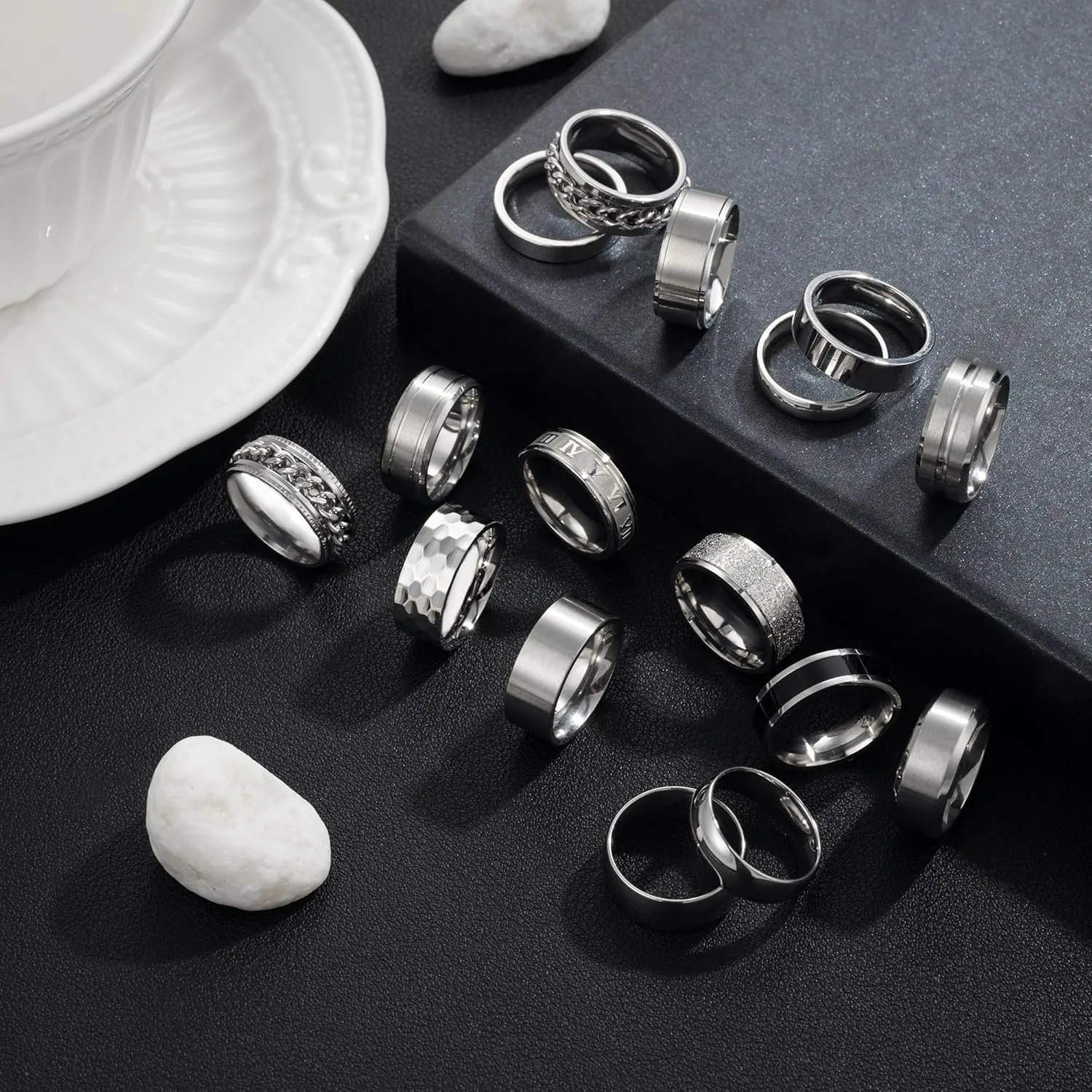 RIOSO 16Pcs Men's Stainless Steel Rings Cool Silver Band Ring for Women Men Simple Wedding Engagement Ring Set