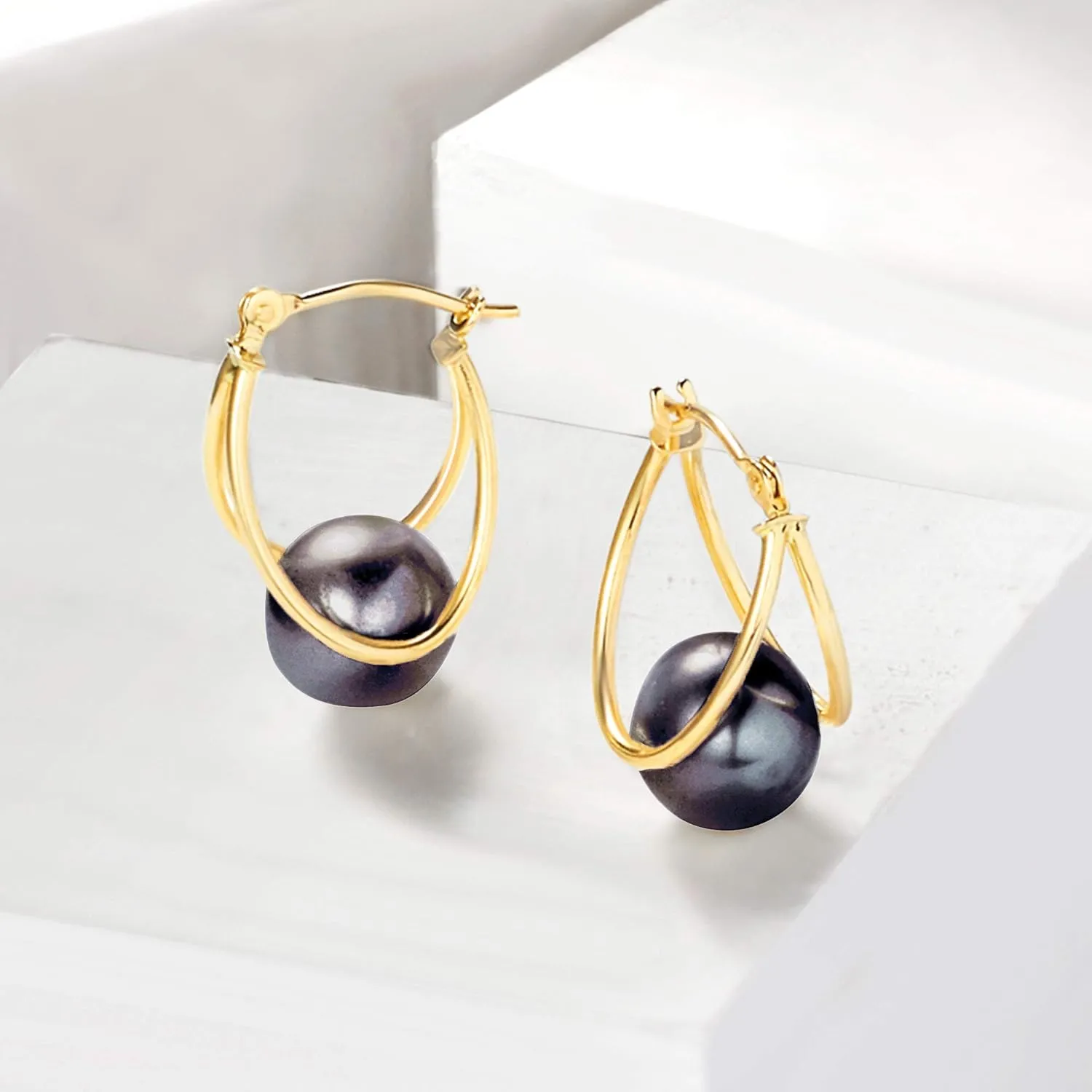 Ross-Simons 8-9mm Cultured Pearl Double-Hoop Earrings in 14kt Yellow Gold. 3/4