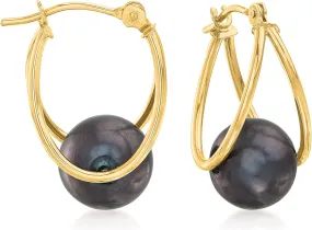 Ross-Simons 8-9mm Cultured Pearl Double-Hoop Earrings in 14kt Yellow Gold. 3/4