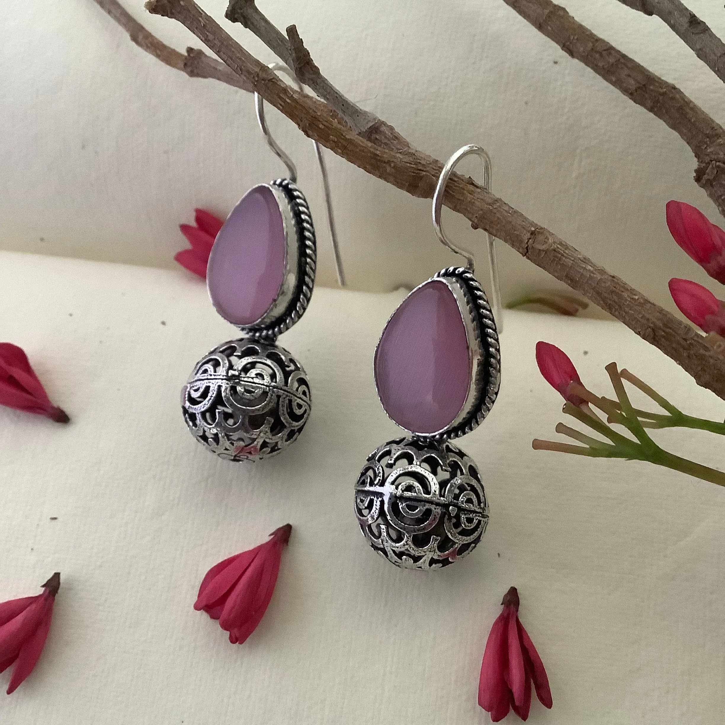 Salvanity German Silver Charming Jingle Earrings (Monalisa Pink)